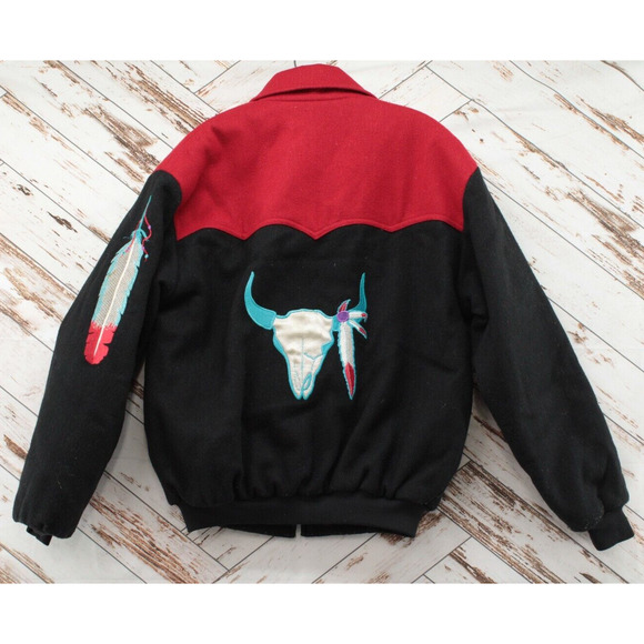 VTG Bomber Jacket by Price Men S Red Black  Southwestern Embroidered Cow Skull - Picture 1 of 14